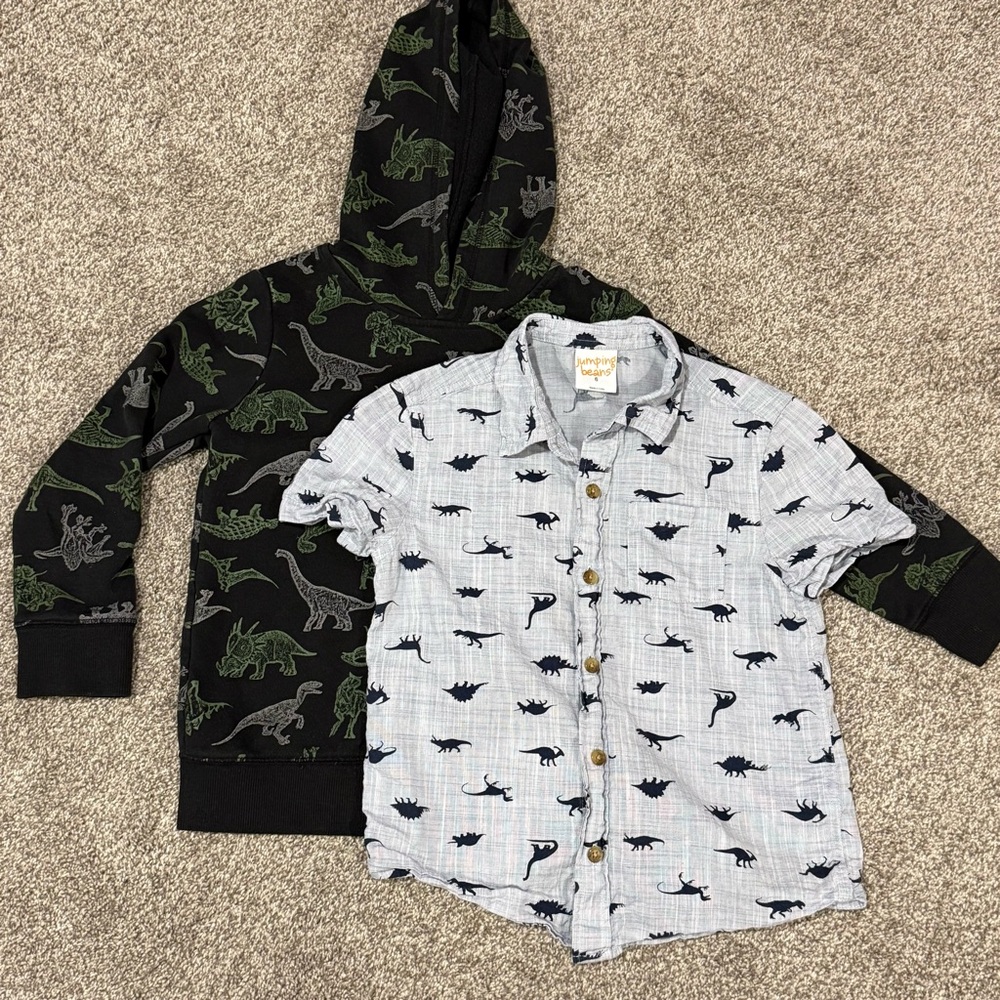 Jumping Beans Boys 6 Bundle Lot 2 Pc Dinosaur Hoodie Sweatshirt + Button Down